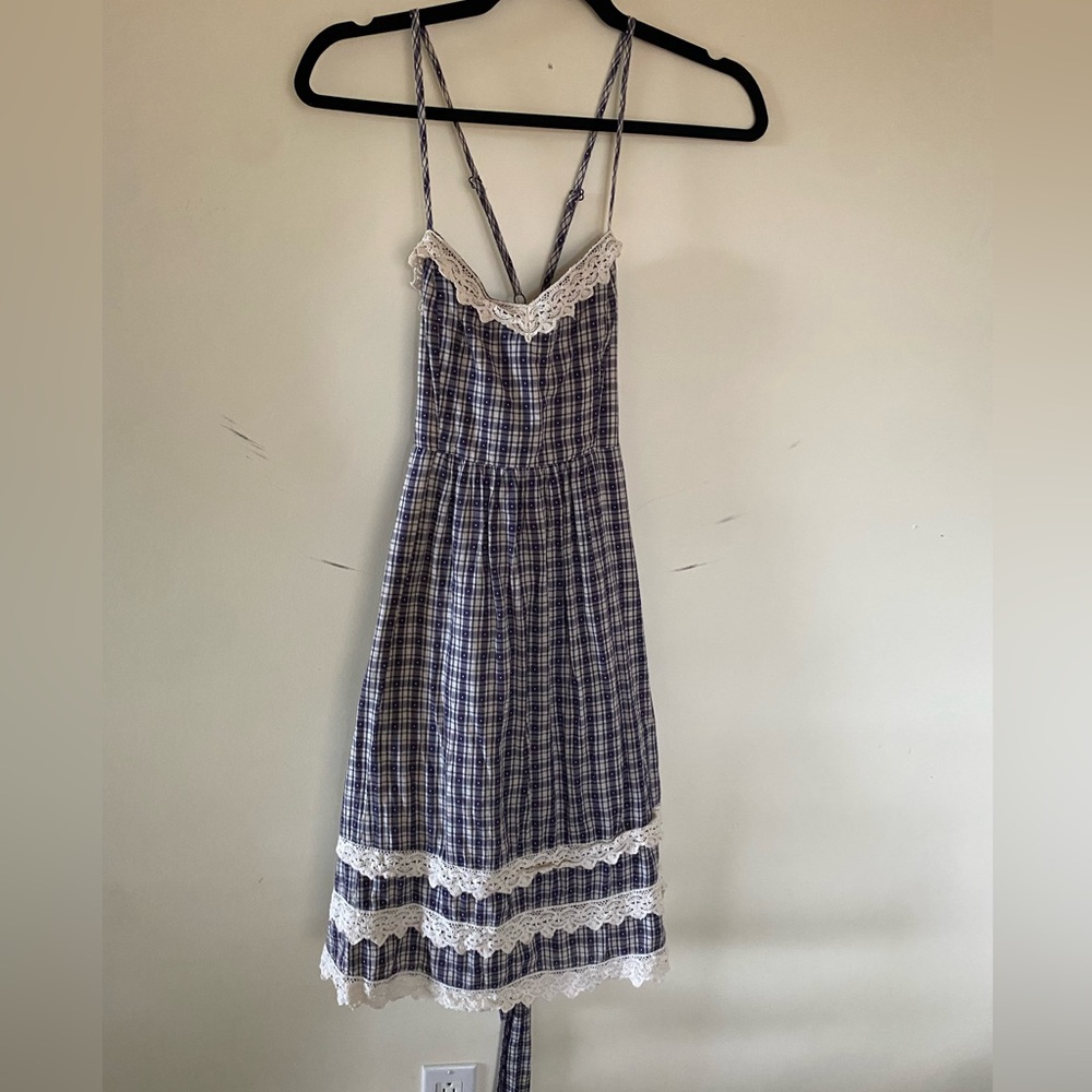 Anthropologie Moulinette Soeurs Blue Plaid Dress with Lace Gingham Plaid
